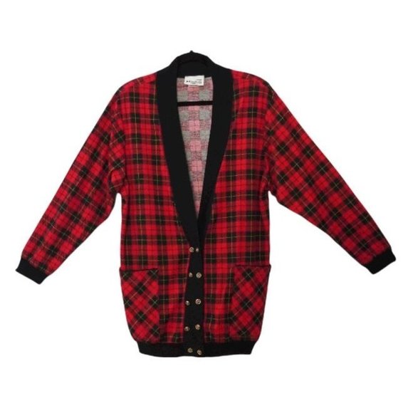 Red Black Plaid, Oversized Cardigan, Lightweight Over Shirt, Womens Size Medium, - Picture 1 of 10